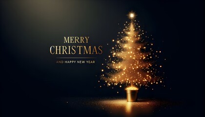 Christmas tree with golden decoration in the navy blue background in a sparkling festive setting