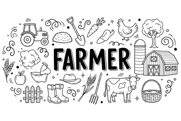 Fototapeta premium Farm life doodles: tractor, animals, and produce in black and white