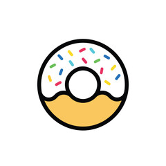 Cartoon Donut with White Icing and Colorful Sprinkles Black Outline.