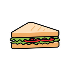 Cartoon Sandwich with Tomato and Lettuce Triangular Shape Black Outline.