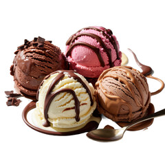 Ice cream scoops with chocolate drizzle on a dish with spoons