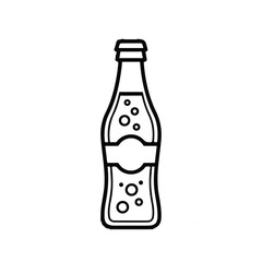 Classic glass soda bottle with bubbles and blank label bold black line art icon.