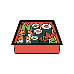 Colorful Illustrated Sushi Bento Box with Various Japanese Food Items.