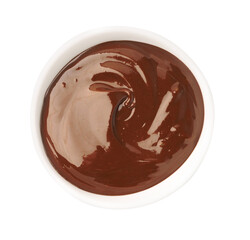 Tasty melted chocolate in bowl isolated on white, top view
