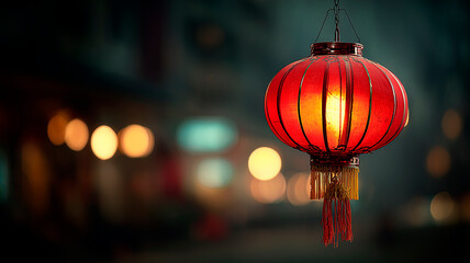 Obraz premium Red Chinese Lantern at Night with Warm Light – Festive Lunar New Year Celebration Street Scene