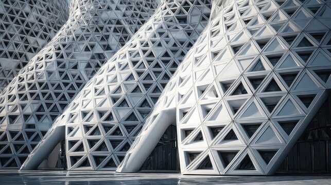 Striking contemporary geometric architecture with triangular patterns and curves.