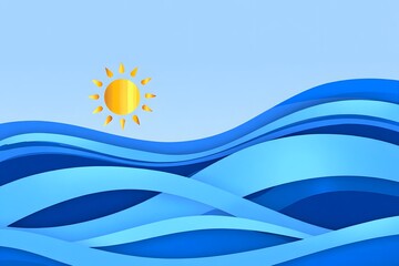 Naklejka premium Sun over blue waves abstract background illustration for summer vacation concept art