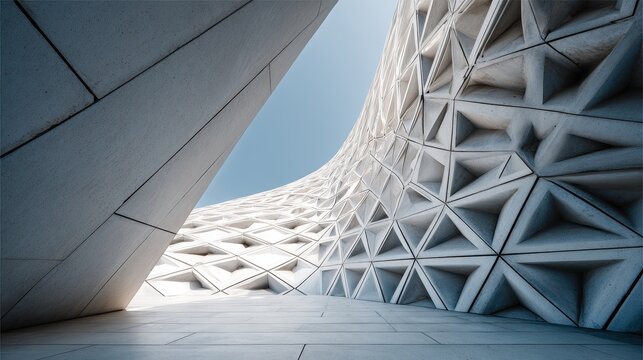 Abstract geometric architecture with dynamic curved wall and striking triangular patterns.
