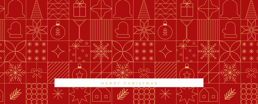 Christmas and new year seamless pattern in line minimal style. Minimalist geometric festive gold on red Christmas, New Year, winter holidays background with linear icons.