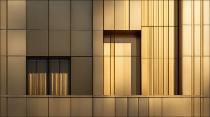 Modern Golden Metallic Facade with Geometric Panels and Window