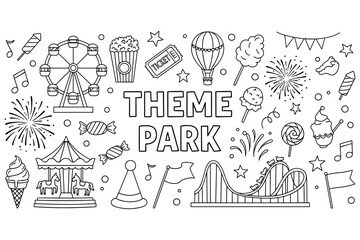 Black and white theme park outline with ferris wheel and roller coaster