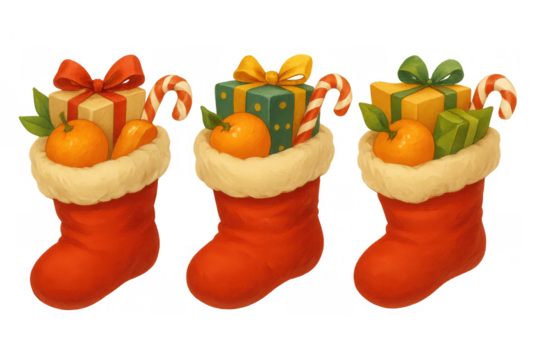 Red christmas stockings filled with holiday gifts, tangerines, and candy canes, celebrating seasonal joy