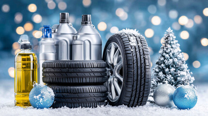 Realistic Christmas composition: car tires and bottles of automotive fluids on snow, adorned with fir branches, ornaments and a mini tree, with festive bokeh lights. Perfect for auto shops and winter 