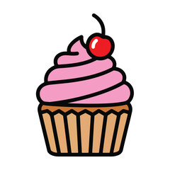 Stylized Pink Frosted Cupcake with Red Cherry Topping.