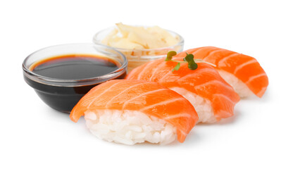 Delicious nigiri sushi with salmon, microgreens, soy sauce and ginger isolated on white