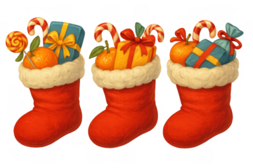 Christmas stockings with gifts, tangerines, candy canes, representing holiday traditions and winter celebrations