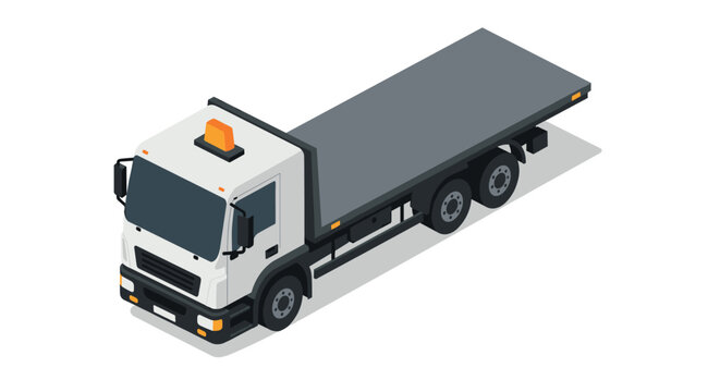 Isometric tow truck with flatbed and orange light on white background