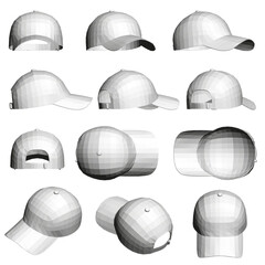 Polygonal baseball cap pack featuring various styles with curved and straight brims. The collection includes light to dark colors with some glossy finishes.