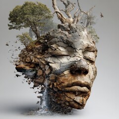 Surreal concept of a stone face sculpture integrated with nature elements like trees, rocks, and waterfall