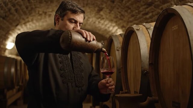Georgian winemaker pouring red wine from cask into glass in cellar