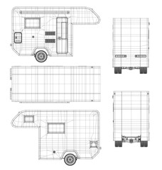 Camper trailer blueprint set with detailed wireframe design, wheels, windows, and other components clearly visible on a white background.