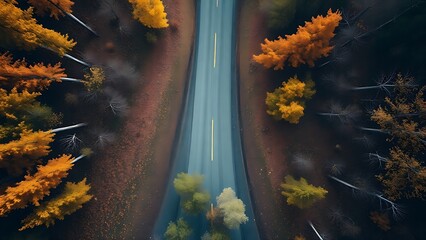 pivotal. Aerial view of a forked path in an autumn forest, representing pivotal life choices. representing seasonal cycles and harvest abundance.