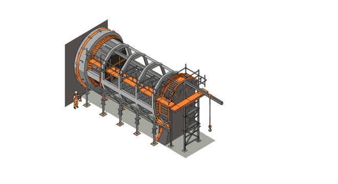 Isometric construction of tunnel boring machine with scaffolding and workers