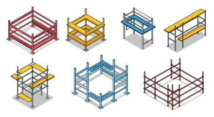 Obraz premium Isometric building scaffold set: construction elements in red, yellow, and blue