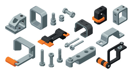 Isometric mechanical parts: nuts, bolts, brackets, connectors in industrial style