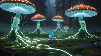 Enchanted forest with glowing mushrooms and a mysterious figure