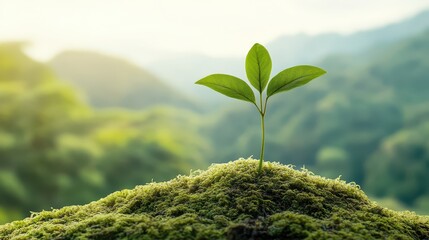 A young plant with green leaves emerges from mossy ground, surrounded by a soft, blurred forest landscape and distant hills under gentle sunlight.