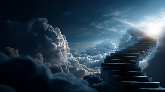 Mystical stairway to heaven ascending dramatically through clouds toward light spiritual transformative journey divine celestial pathway Christian faith and hope celestial