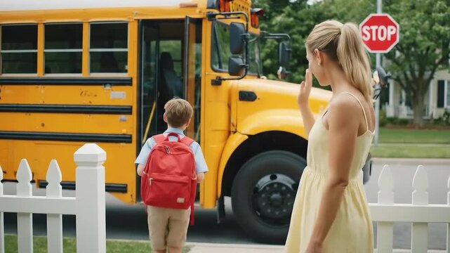 Young boy with red backpack standing at doorstep while mother waves