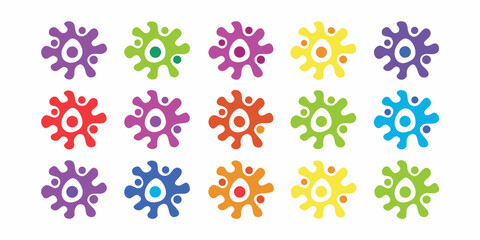 Collection of colorful abstract amoeba or blob shapes with dots and circles on a white background
