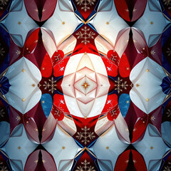Festive, repetitive, abstract pattern featuring geometric shapes in red,  blue, and white with metallic gold accents and subtle snowflake pattern.eps