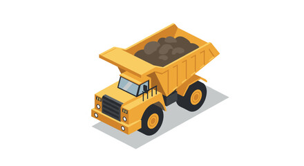 Isometric yellow dump truck with rocks on white background