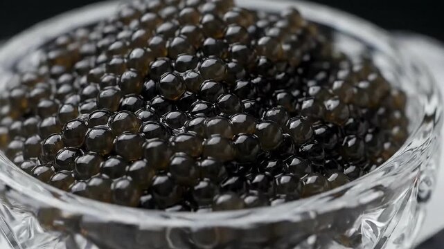 Luxurious black beluga caviar served in crystal bowl on ice