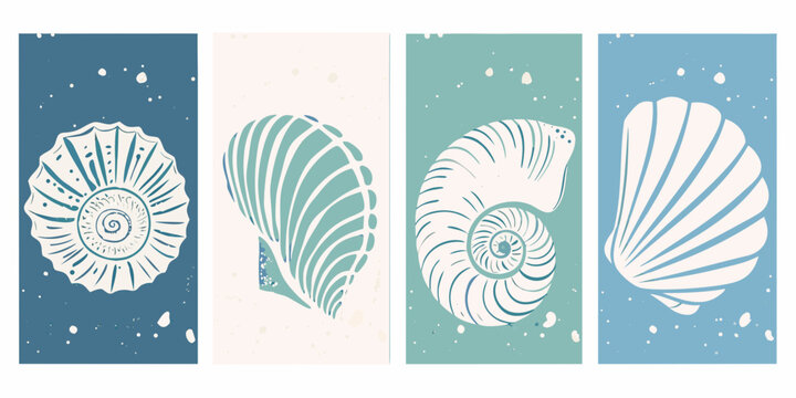 Set of four abstract minimalist seashell illustrations in pastel blue and green tones with speckled backgrounds