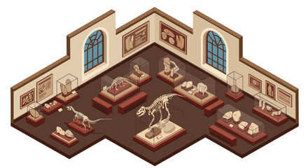 Obraz premium Isometric fossil exhibit in a natural history museum room with dinosaur skeletons