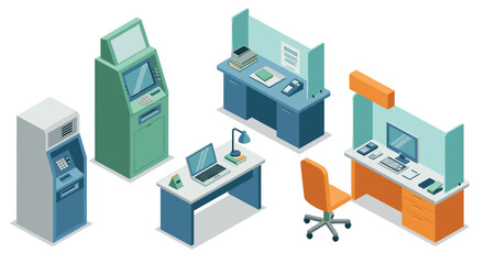 Isometric office workspace and atm designs with computers and furniture