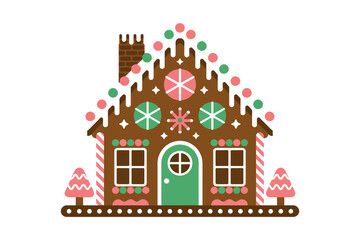 A gingerbread house with a chimney and candy decorations on a white background