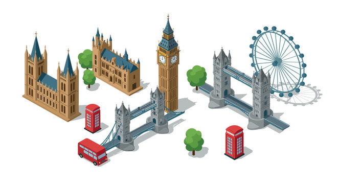 Isometric london landmarks featuring big ben and tower bridge