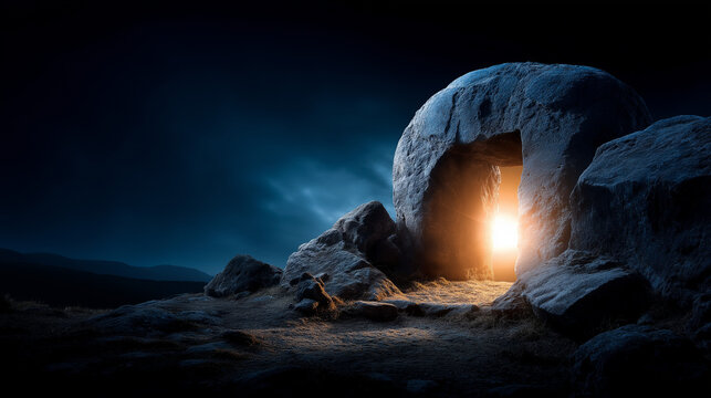 Empty tomb entrance with massive stone rolled completely back away Easter resurrection story culmination powerful biblical miracle site Christian faith foundation event vacant
