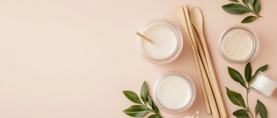 Natural creams and powders in glass jars with wooden spoons and green leaves promoting organic beauty and healthy skin care.