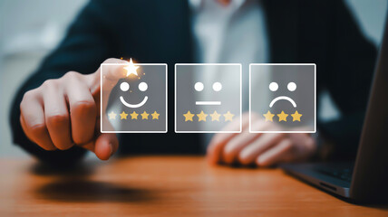 Customer selects a happy face emoji for a positive review on a digital screen