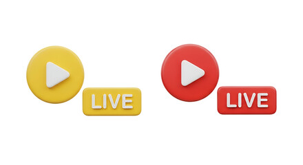 3d icon of play buttons with live text, yellow and red, isolated on transparent background