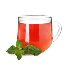 Cup of delicious tea and mint isolated on white
