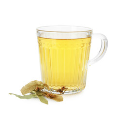 Cup of delicious tea and linden leaves isolated on white