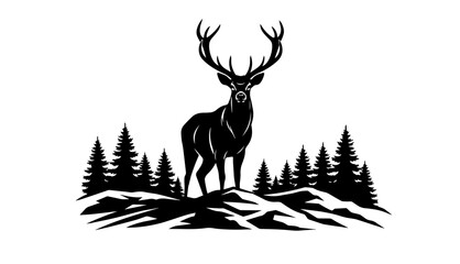 A striking black silhouette captures a majestic stag with impressive antlers standing proudly atop a rocky ridge, flanked by a dense forest of evergreen pine trees