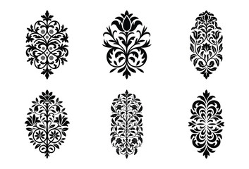 Collection of six black ornate damask designs isolated on white background